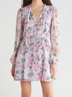 Rachel Parcell Lavender Floral Tie-Waist Long Sleeve Dress